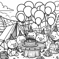 A Group Of Pigs Camping With Birthday Balloons Coloring Page