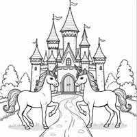 Rainbow With A Castle Flowers And 2 Unicorns On... Coloring Page