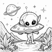 A Chubby Alien With A Heartshaped Spaceship On A... Coloring Page