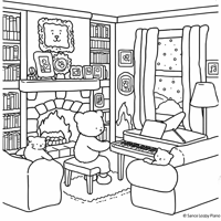 Teddy Bear Playing A Piano In A Cozy Living Room Coloring Page
