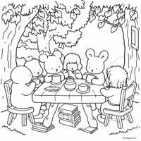 Lovely Cute Animals Sitting Around The Table... Coloring Page