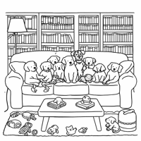 Lovely Cute Fluffy Dogs Setting On The Sofa Coloring Page
