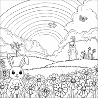 A Field Of Flowers With A Rainbow In The... Coloring Page