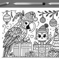 Parrot And Cat In Christmas Coloring Page