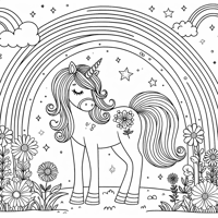 Unicorn With Flowers And Rainbows Coloring Page