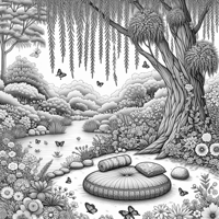 A Peaceful Garden Scene With Tall Trees Gently... Coloring Page