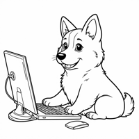 Corgi Dog Coding On A Computer Coloring Page