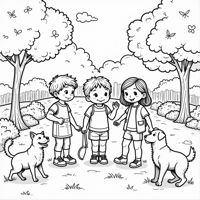 A Lot Of Kids With Their Pets (cats And Dogs) Coloring Page