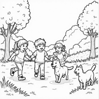 Kids With Cats And Dogs Coloring Page