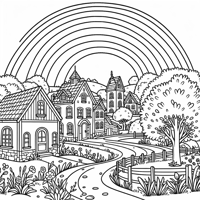 Village Scene With A Rainbow Coloring Page