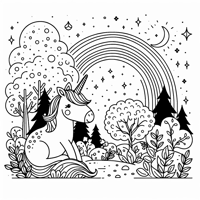 Unicorn With A Rainbow In A Forest Coloring Page