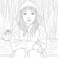 A Girl Is Sitting On A Ledge In The Rain. Coloring Page