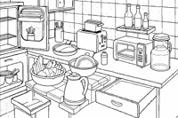 A Kitchen Scene With A Microwave Toaster And... Coloring Page