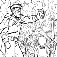 A Hero With A Mask Saving A Cat From Fire Coloring Page