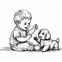 Cute Dog Playing With Kid Coloring Page