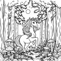 Forest With Unicorn Coloring Page
