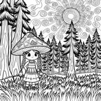 A Nordic Girl Standing On Grass Near A Mushroom... Coloring Page