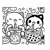 Kawaii Cats Drinking Fruit Juice Bubble Tea Coloring Page