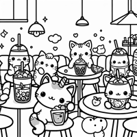Kawaii Cats Drinking Fruit Juice Bubble Tea At A... Coloring Page