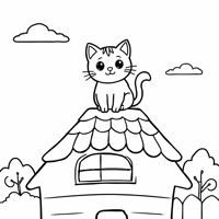 A Cat On The Roof Of The House Coloring Page