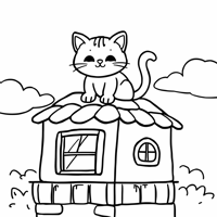 A Cat On The Roof Of The House Coloring Page