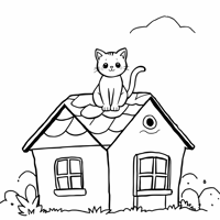 A Cat On The Roof Of The House Coloring Page