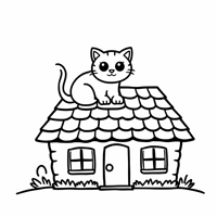A Cat On The Roof Of The House Coloring Page