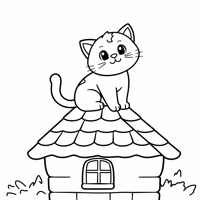 A Cat On The Roof Of The House Coloring Page