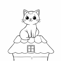 A Cat On The Roof Of The House Coloring Page