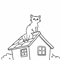A Cat On The Roof Of The House Coloring Page
