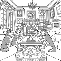 A Bunch Of Huskies Grouped Up Drinking Hot Cocoa... Coloring Page