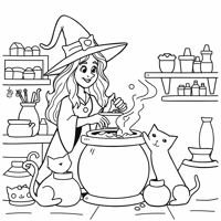 A Witch Making A Potion In Her Kitchen With Cats... Coloring Page