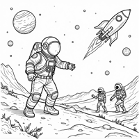 Astronauts, Planets, Aliens And Rockets. Coloring Page