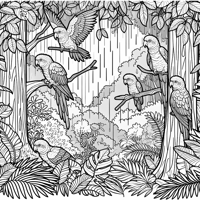 Green Cheek Conures In A Green Forest On A Rainy... Coloring Page