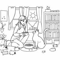 Kawaii Style Easy Bold A Woman Is Feeding Her Cat Coloring Page