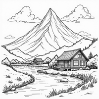 View Of The Mountain And The Villagers Countryside... Coloring Page