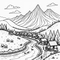 View Of The Mountain And The Villagers Countryside... Coloring Page