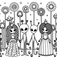 Field Of Flowers With Aliens And Princesses Coloring Page