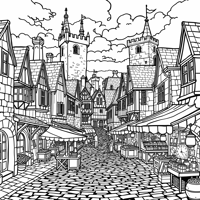 Create Medieval Town With Cobbled Streets Coloring Page