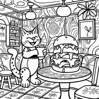 Mascot Cat Coffee Cafe Food Burger Coloring Page