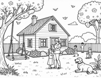 A House With A Baby And Mommy In Front. Coloring Page