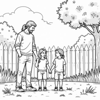 A Mother Sister And Baby Standing In Front Of A... Coloring Page
