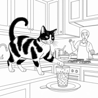 BLACK AND WHITE TUXEDO CAT KNOCKING A WATER GLASS... Coloring Page