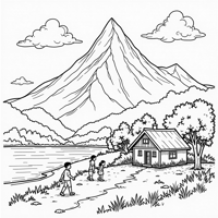 View Of The Mountain And The Village Coloring Page