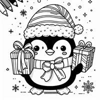 A Penguin With A Santa Hat And A Gift In Its... Coloring Page