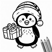 A Penguin With A Santa Hat And A Gift In Its... Coloring Page
