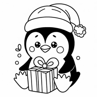 A Penguin With A Santa Hat And A Gift In Its... Coloring Page