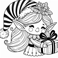A Cute Elf Wearing A Big Hat And Holding A Gift Coloring Page