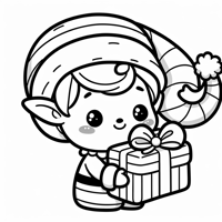 A Cute Elf Wearing A Big Hat And Holding A Gift Coloring Page