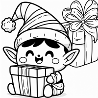 A Cute Elf Wearing A Big Hat And Holding A Gift Coloring Page
